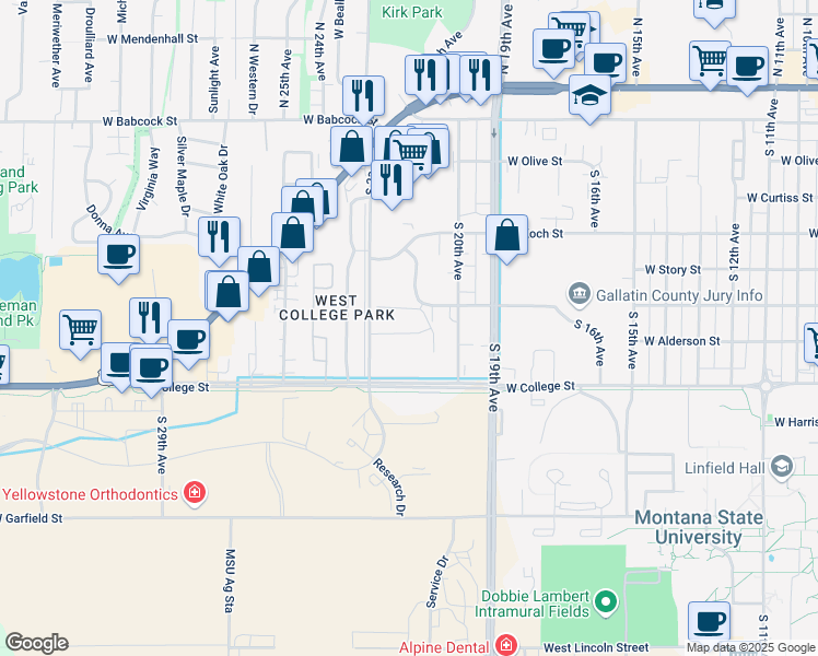 map of restaurants, bars, coffee shops, grocery stores, and more near 2200 West Dickerson Street in Bozeman
