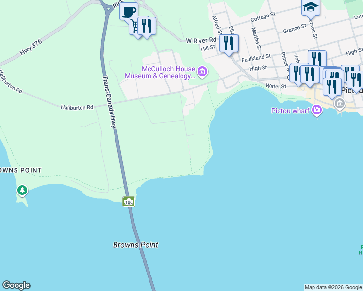 map of restaurants, bars, coffee shops, grocery stores, and more near 144 Norway Point Road in Pictou