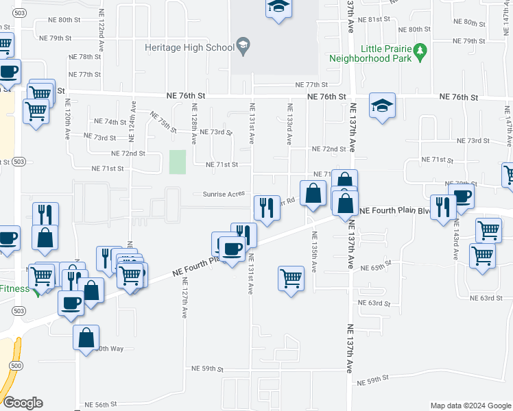 map of restaurants, bars, coffee shops, grocery stores, and more near 6905 Northeast 131st Avenue in Vancouver