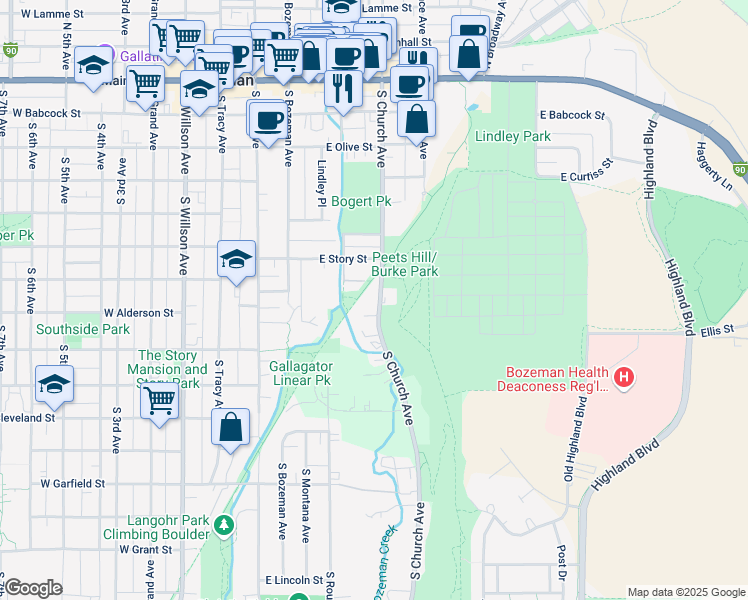 map of restaurants, bars, coffee shops, grocery stores, and more near 601 South Church Avenue in Bozeman