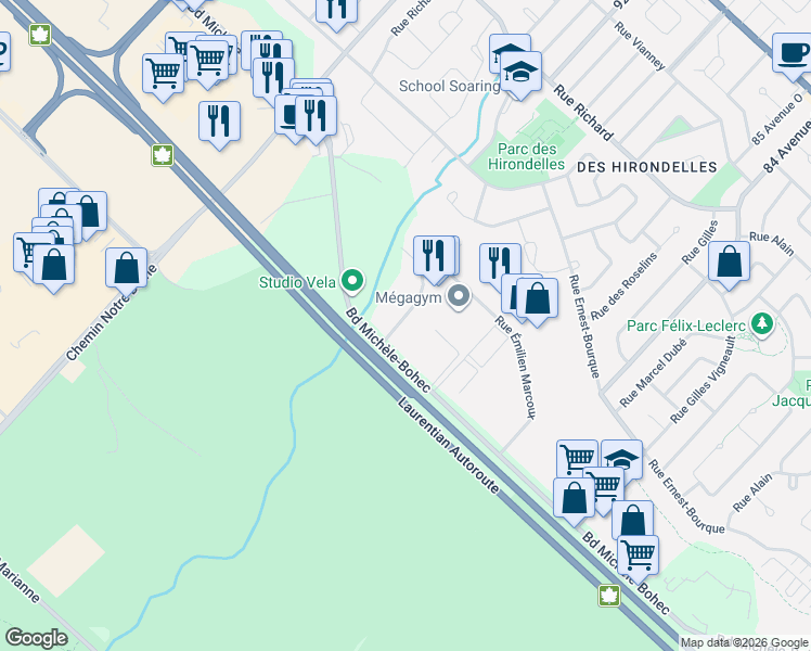 map of restaurants, bars, coffee shops, grocery stores, and more near 100 Rue Émilien Marcoux in Blainville
