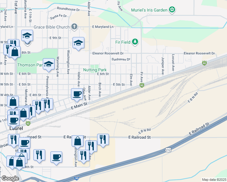 map of restaurants, bars, coffee shops, grocery stores, and more near 421 Cottonwood Avenue in Laurel