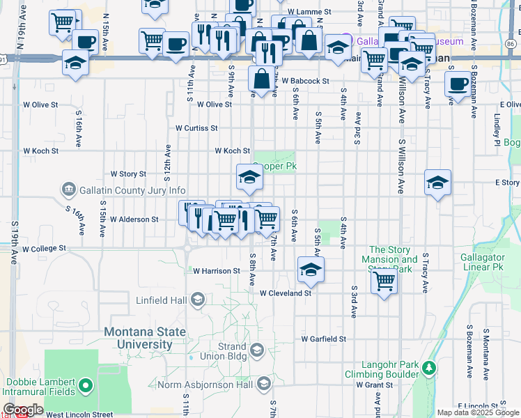 map of restaurants, bars, coffee shops, grocery stores, and more near 520 South 8th Avenue in Bozeman