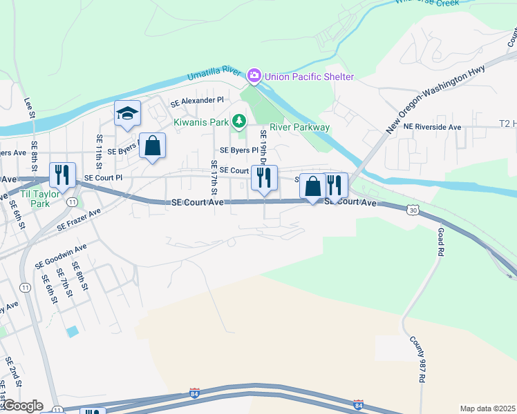 map of restaurants, bars, coffee shops, grocery stores, and more near 1911 Southeast Court Avenue in Pendleton