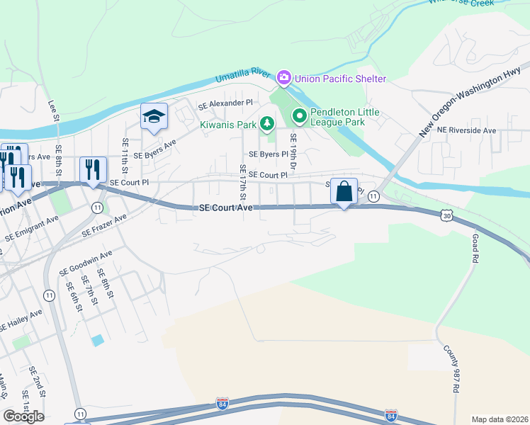 map of restaurants, bars, coffee shops, grocery stores, and more near 414 Southeast 18th Street in Pendleton
