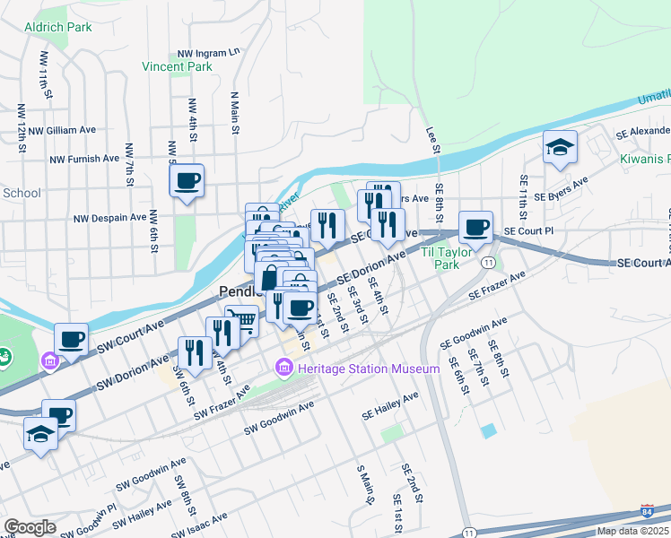 map of restaurants, bars, coffee shops, grocery stores, and more near 227 Southeast Court Avenue in Pendleton