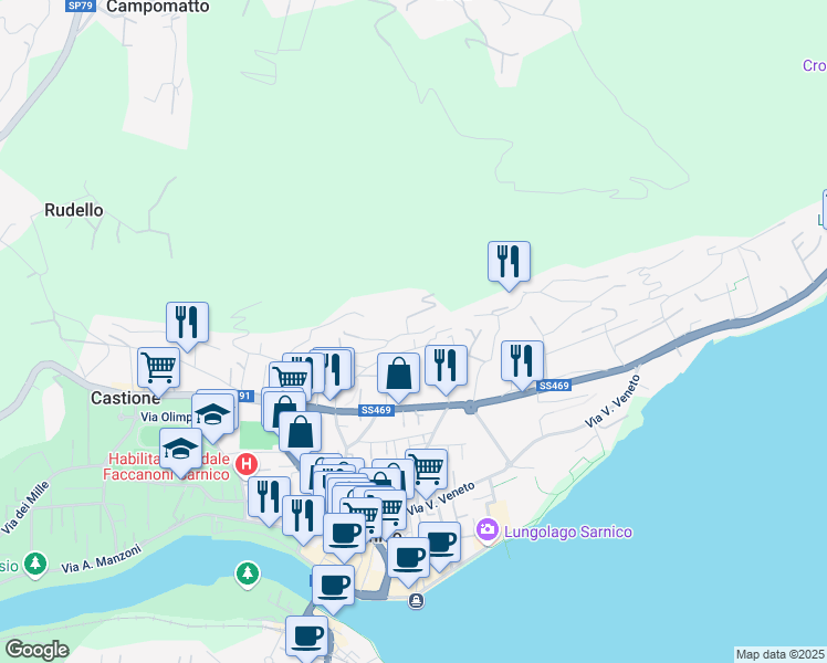 map of restaurants, bars, coffee shops, grocery stores, and more near 18A Via Febo e Isacco Arcangeli in Sarnico