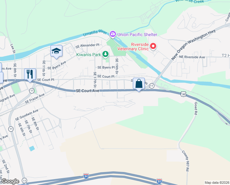 map of restaurants, bars, coffee shops, grocery stores, and more near 1911 Southeast Court Avenue in Pendleton