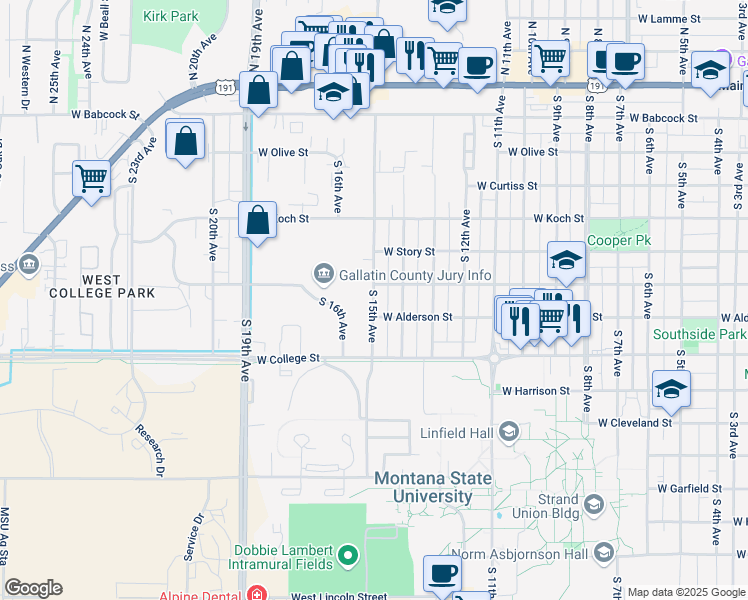 map of restaurants, bars, coffee shops, grocery stores, and more near 612 South 15th Avenue in Bozeman