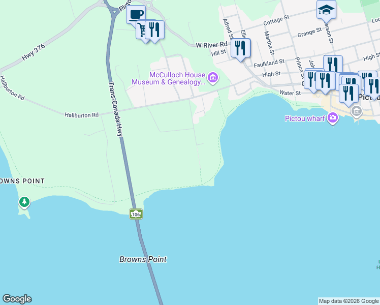 map of restaurants, bars, coffee shops, grocery stores, and more near 144 Norway Point Road in Pictou