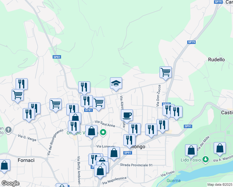 map of restaurants, bars, coffee shops, grocery stores, and more near 39 Via Roma in Villongo