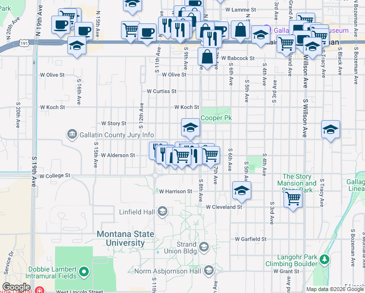 map of restaurants, bars, coffee shops, grocery stores, and more near 517 South 9th Avenue in Bozeman