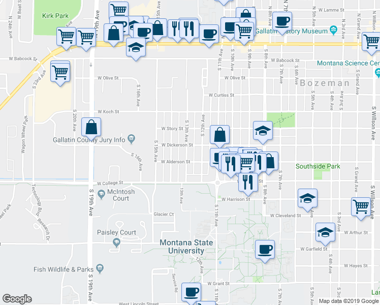 map of restaurants, bars, coffee shops, grocery stores, and more near 1217 West Dickerson Street in Bozeman