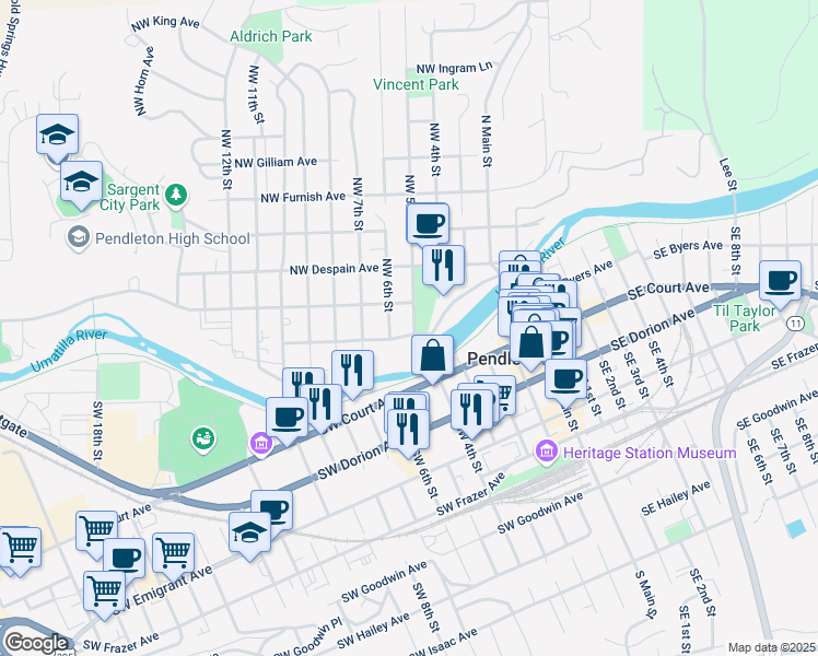 map of restaurants, bars, coffee shops, grocery stores, and more near 502 Northwest Carden Avenue in Pendleton