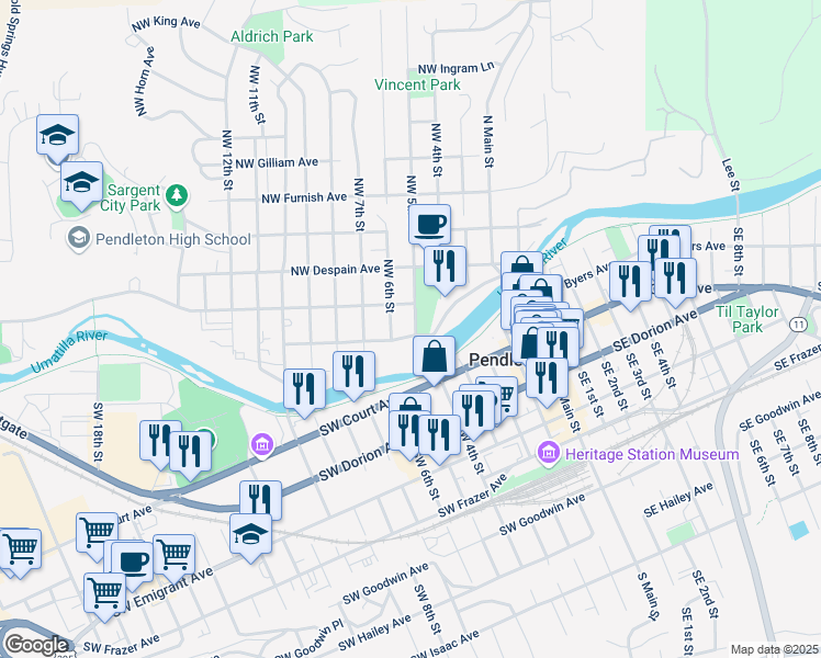 map of restaurants, bars, coffee shops, grocery stores, and more near 502 Northwest Carden Avenue in Pendleton