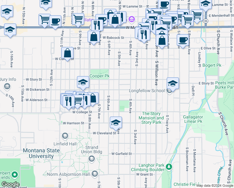 map of restaurants, bars, coffee shops, grocery stores, and more near 609 South 5th Avenue in Bozeman