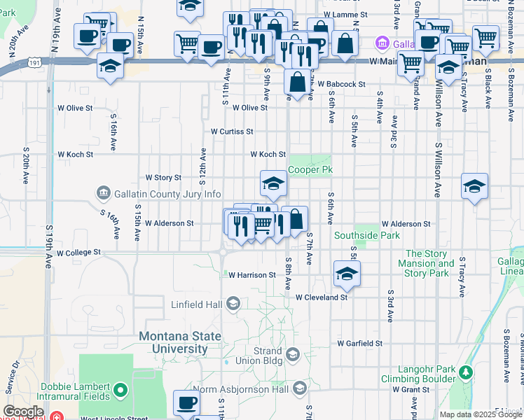 map of restaurants, bars, coffee shops, grocery stores, and more near 609 South 9th Avenue in Bozeman