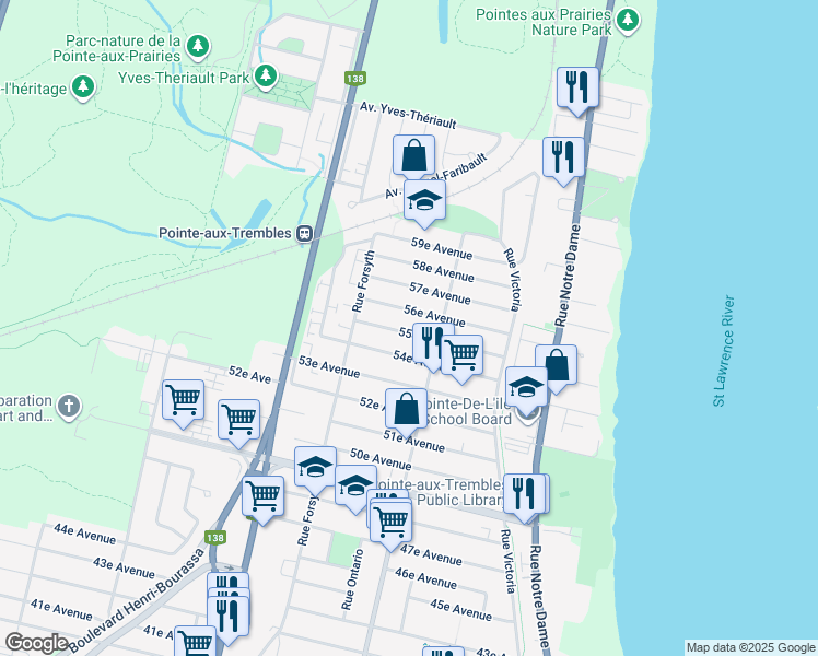 map of restaurants, bars, coffee shops, grocery stores, and more near 1835 55e Avenue in Montréal