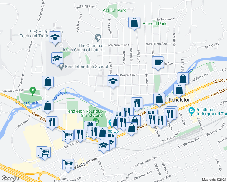 map of restaurants, bars, coffee shops, grocery stores, and more near 107 Northwest 10th Street in Pendleton