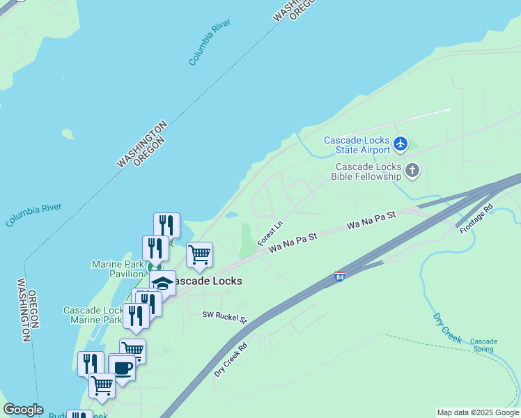 map of restaurants, bars, coffee shops, grocery stores, and more near 24 Northwest Clark Street in Cascade Locks