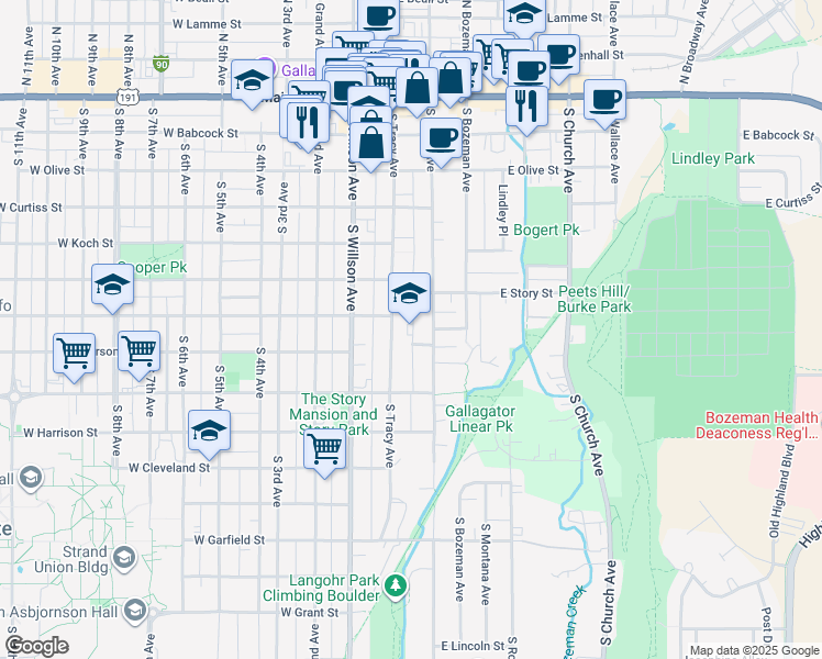 map of restaurants, bars, coffee shops, grocery stores, and more near 516 South Tracy Avenue in Bozeman
