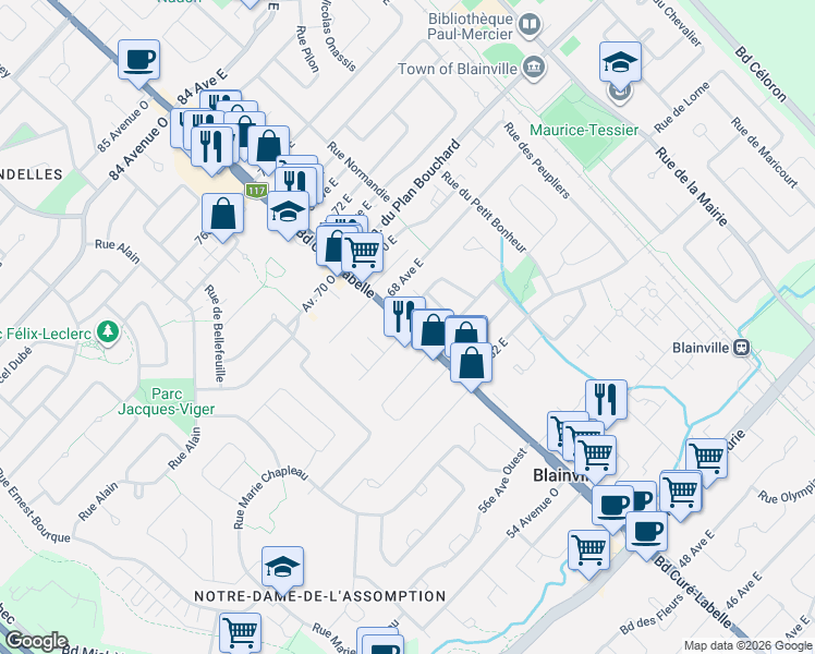 map of restaurants, bars, coffee shops, grocery stores, and more near Boulevard du Curé-Labelle in Blainville