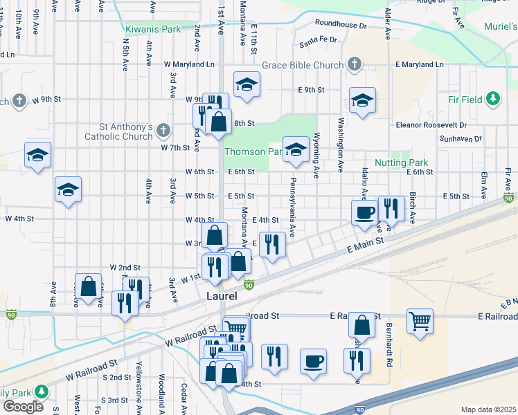 map of restaurants, bars, coffee shops, grocery stores, and more near 410 Colorado Avenue in Laurel