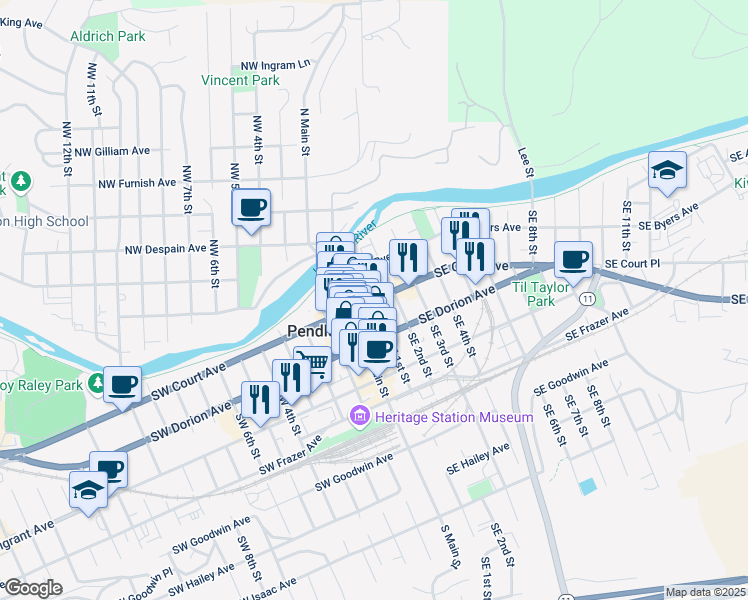 map of restaurants, bars, coffee shops, grocery stores, and more near Southwest 30th Street in Pendleton