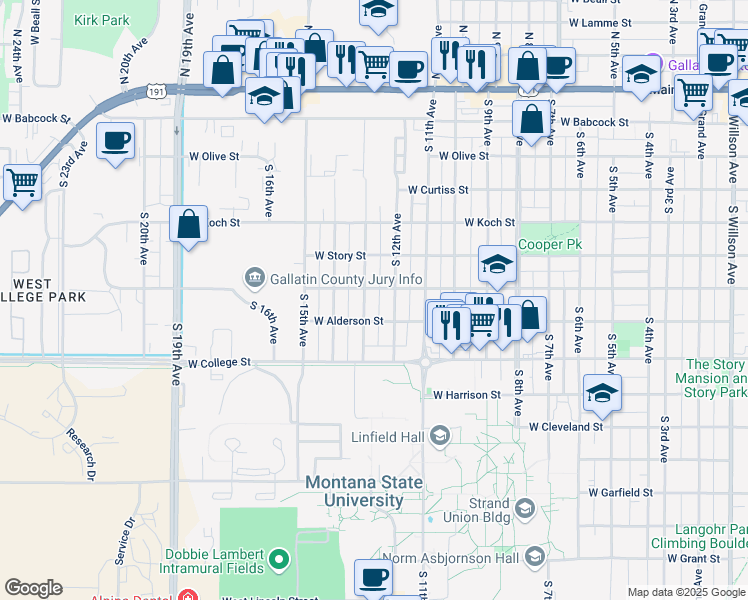 map of restaurants, bars, coffee shops, grocery stores, and more near 1217 West Dickerson Street in Bozeman
