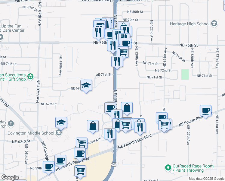 map of restaurants, bars, coffee shops, grocery stores, and more near 11603 Northeast 71st Street in Vancouver