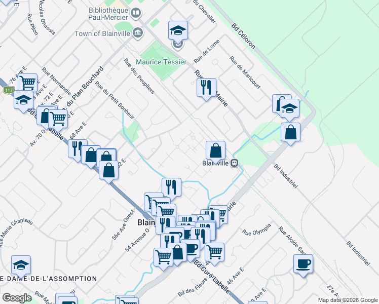 map of restaurants, bars, coffee shops, grocery stores, and more near 84 Rue Bruno-Dion in Blainville