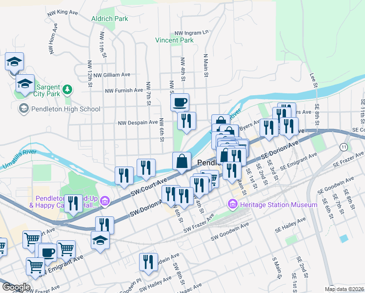 map of restaurants, bars, coffee shops, grocery stores, and more near 317 Northwest Bailey Avenue in Pendleton