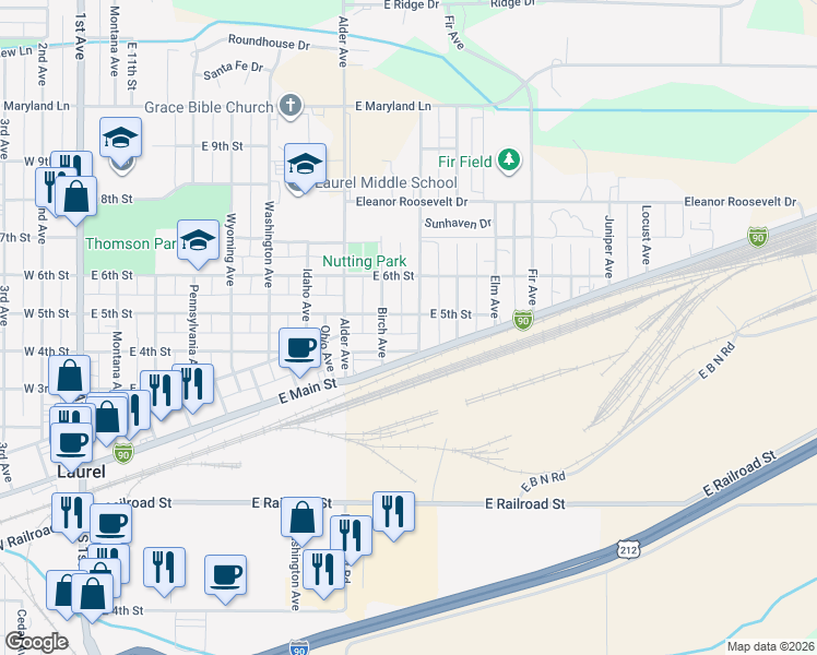 map of restaurants, bars, coffee shops, grocery stores, and more near 918 East 5th Street in Laurel