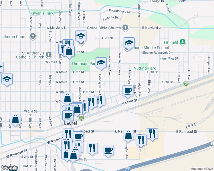 map of restaurants, bars, coffee shops, grocery stores, and more near 409 East 5th Street in Laurel