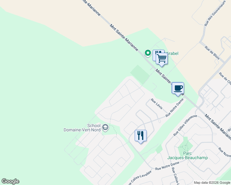 map of restaurants, bars, coffee shops, grocery stores, and more near 11500 Rue de Denonville in Mirabel