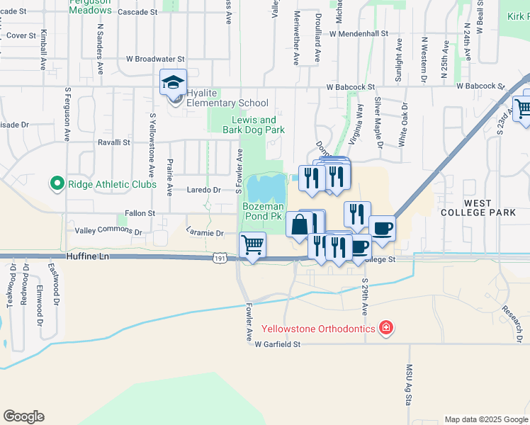 map of restaurants, bars, coffee shops, grocery stores, and more near Bozeman Pond Trail in Bozeman