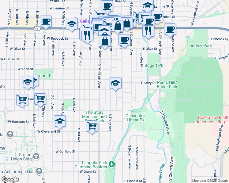 map of restaurants, bars, coffee shops, grocery stores, and more near 509 South Black Avenue in Bozeman
