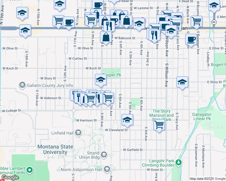 map of restaurants, bars, coffee shops, grocery stores, and more near South 7th Avenue in Bozeman