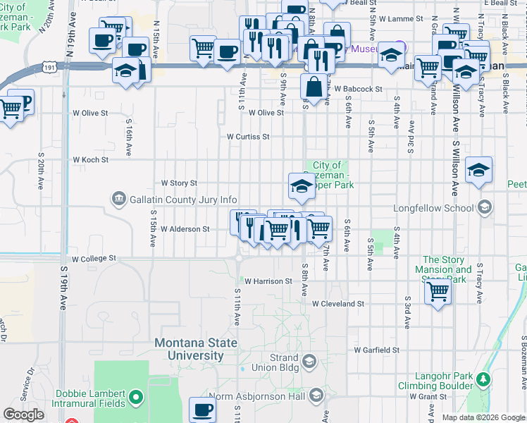 map of restaurants, bars, coffee shops, grocery stores, and more near 521 South 10th Avenue in Bozeman