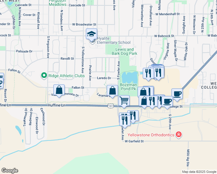map of restaurants, bars, coffee shops, grocery stores, and more near 3505A Fallon Street in Bozeman