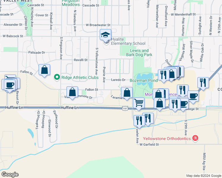 map of restaurants, bars, coffee shops, grocery stores, and more near 516 Prairie Avenue in Bozeman