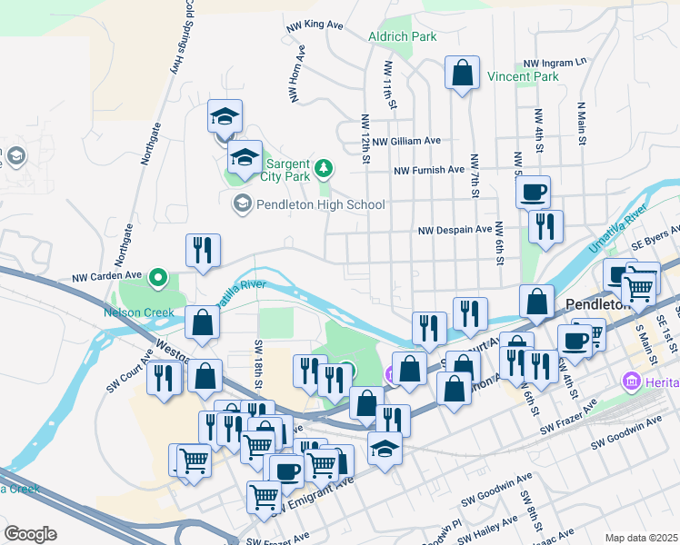 map of restaurants, bars, coffee shops, grocery stores, and more near 1300 Northwest Carden Avenue in Pendleton
