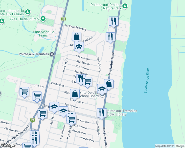 map of restaurants, bars, coffee shops, grocery stores, and more near 1041 56e Avenue in Montréal