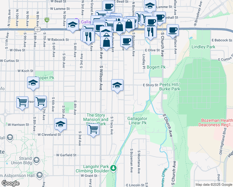 map of restaurants, bars, coffee shops, grocery stores, and more near 516 South Tracy Avenue in Bozeman