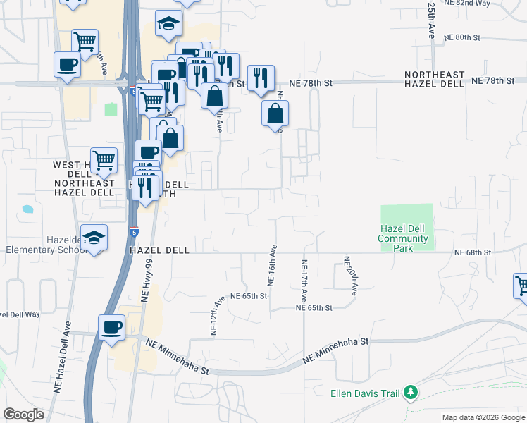 map of restaurants, bars, coffee shops, grocery stores, and more near 1501 Northeast 72nd Street in Vancouver