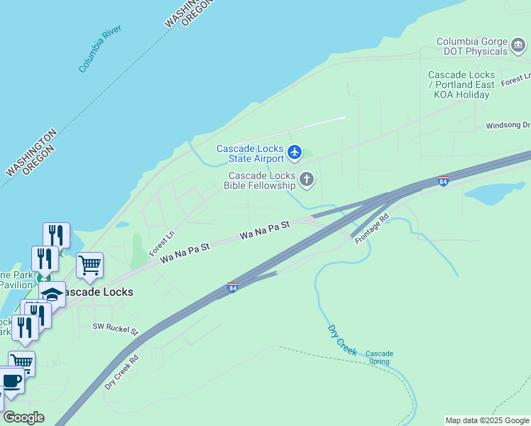 map of restaurants, bars, coffee shops, grocery stores, and more near 401 Sunset Avenue in Cascade Locks
