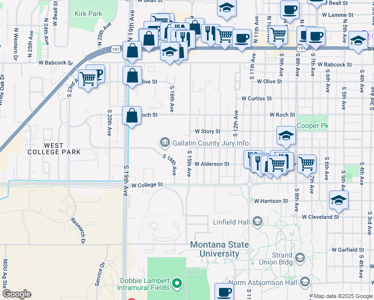map of restaurants, bars, coffee shops, grocery stores, and more near 520 South 15th Avenue in Bozeman