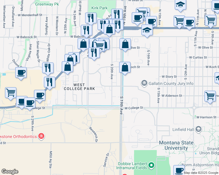 map of restaurants, bars, coffee shops, grocery stores, and more near 509 North 20th Avenue in Bozeman