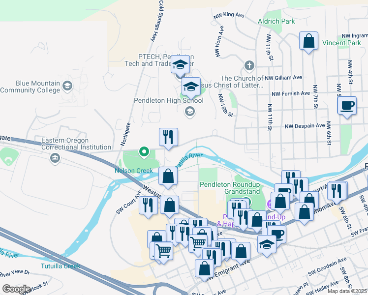 map of restaurants, bars, coffee shops, grocery stores, and more near in Pendleton
