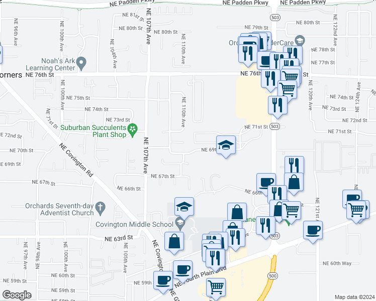 map of restaurants, bars, coffee shops, grocery stores, and more near 10909 Northeast 70th Circle in Vancouver